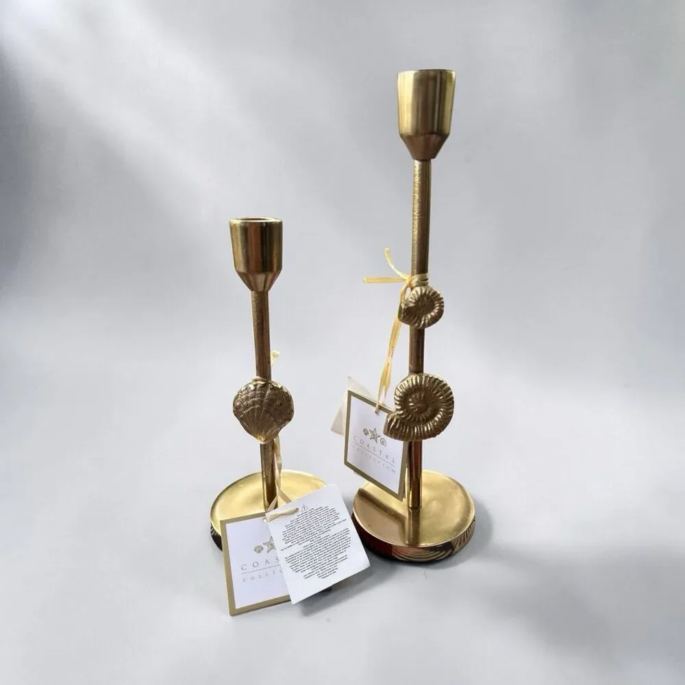 Coastal Collections Brass Candlestick Holders Seashell Pattern 8.5” And 11.5”